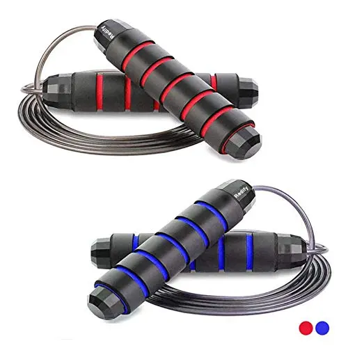 Redify adjustable jumping rope with memory foam handles in red and blue