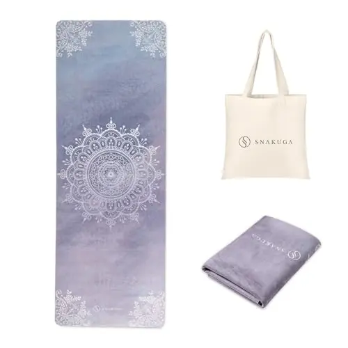 SNAKUGA travel yoga mat with suede surface and carry bag in purple mandala design
