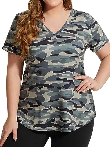 FOREYOND plus size workout top with V-neck and tie-dye design