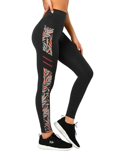 Yvette printed leggings in orange leaf pattern demonstrating stretch and fit