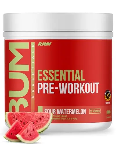 RAW Essential pre-workout powder tub in sour watermelon flavor