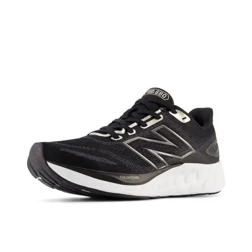 New Balance Fresh Foam 680 V8 women's running shoe in black and gold metallic