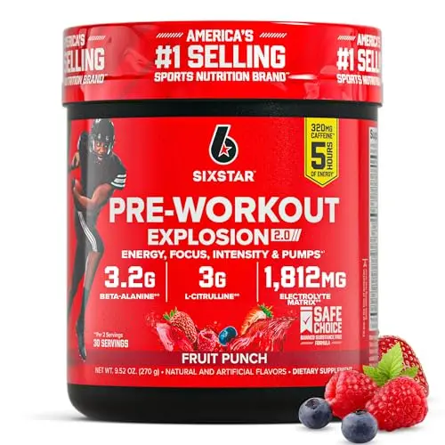 Six Star Pre-Workout Explosion powder canister in fruit punch flavor