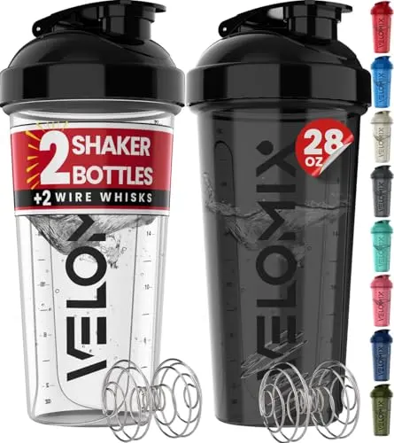 VELOMIX 2-pack protein shaker bottles in black and transparent colors