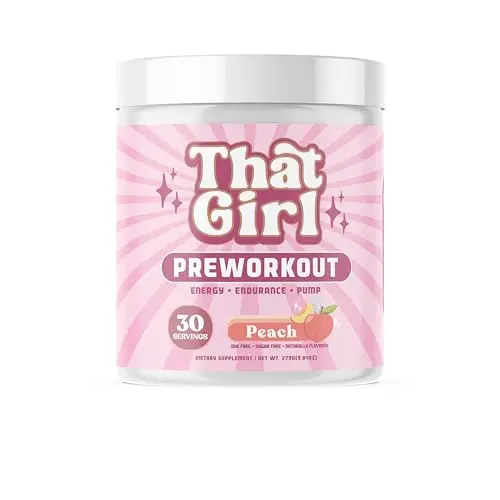 That Girl pre-workout powder container in peach flavor