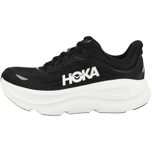 HOKA Clifton 9 women's running shoe in black and white showing balanced design