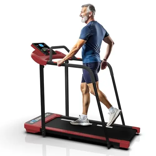 Exerpeutic treadmill with full-length rails for senior safety