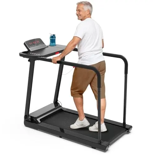 Redliro treadmill with extended handrails and built-in desk for seniors