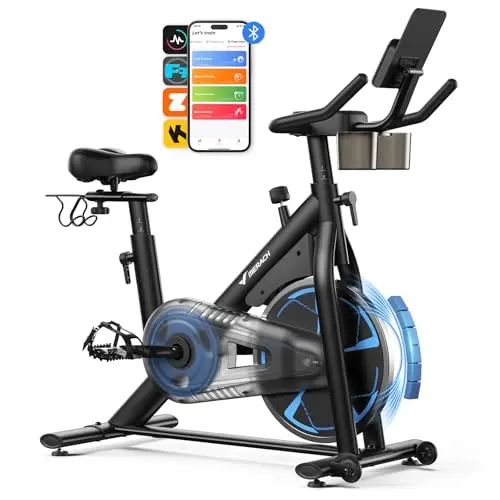 Merach blue stationary bike with comfortable seat cushion
