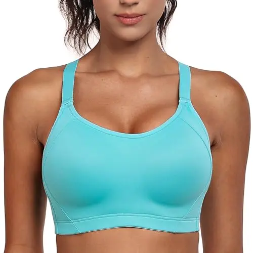 Wingslove wireless high impact sports bra with criss cross back in bluish-green