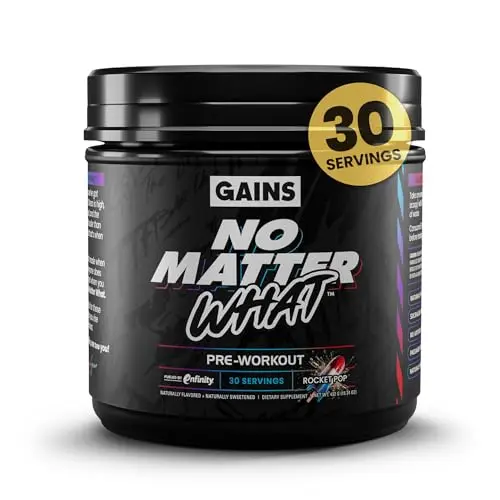 Gains in Bulk No Matter What Pre Workout Powder container with Rocket Pop flavor